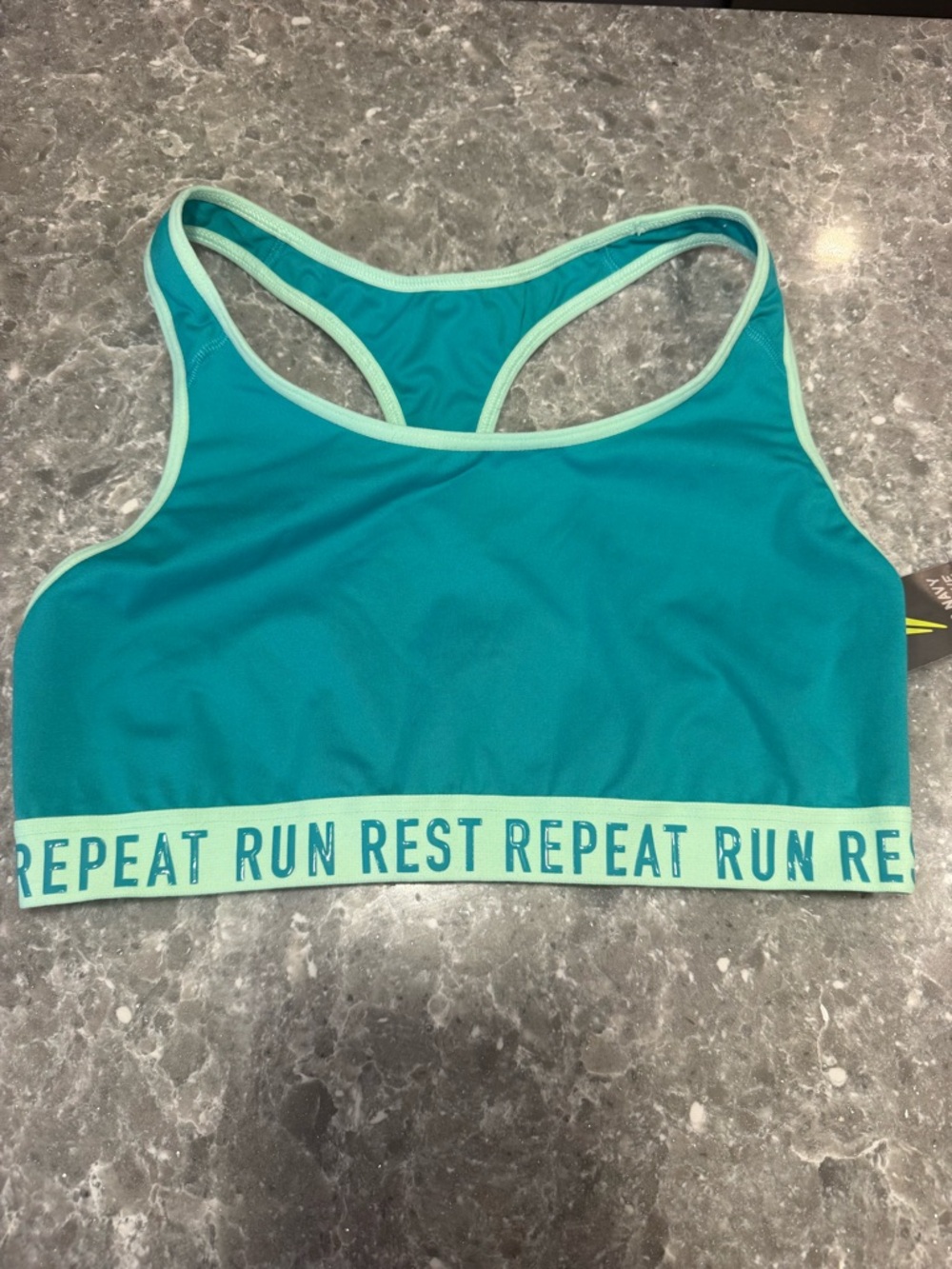 Old Navy Teal Sports Bra with Mint Trim and 'RUN REST REPEAT' Band